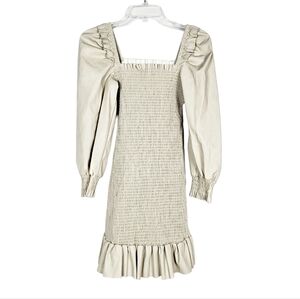 7 For All Mankind Smocked Faux Leather Mini Dress cream